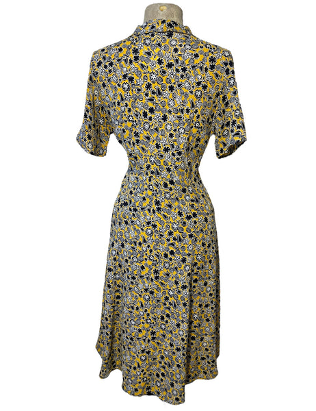 Black & Yellow Stencil Floral Print 1940s Day Dress