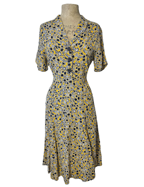 Black & Yellow Stencil Floral Print 1940s Day Dress