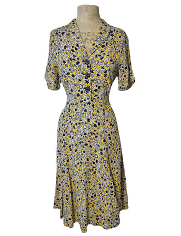 Black & Yellow Stencil Floral Print 1940s Day Dress