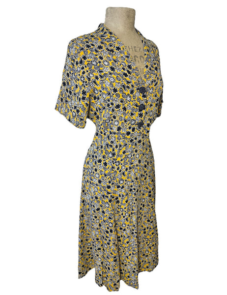 Black & Yellow Stencil Floral Print 1940s Day Dress