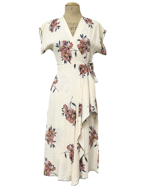 1940s Style Ivory Cream Dogwood Floral Tea Length Cascade Wrap Dress