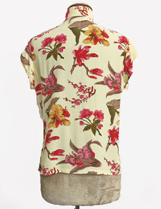 Butter Yellow 1930s Floral Mandarin Collar Tea Timer Top