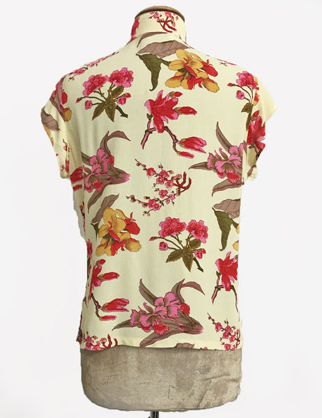 Butter Yellow 1930s Floral Mandarin Collar Tea Timer Top