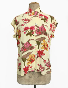 Butter Yellow 1930s Floral Mandarin Collar Tea Timer Top