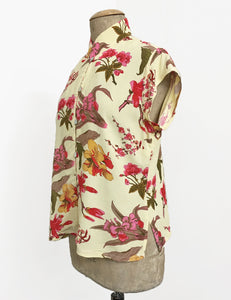 Butter Yellow 1930s Floral Mandarin Collar Tea Timer Top