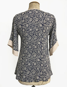 Navy Vintage Fern Print 1930s Inspired V-Neck Kimono Top