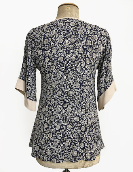 Navy Vintage Fern Print 1930s Inspired V-Neck Kimono Top