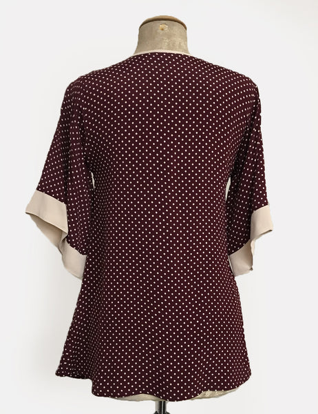 FINAL SALE - Burgundy Polka Dot 1930s Inspired V-Neck Kimono Top
