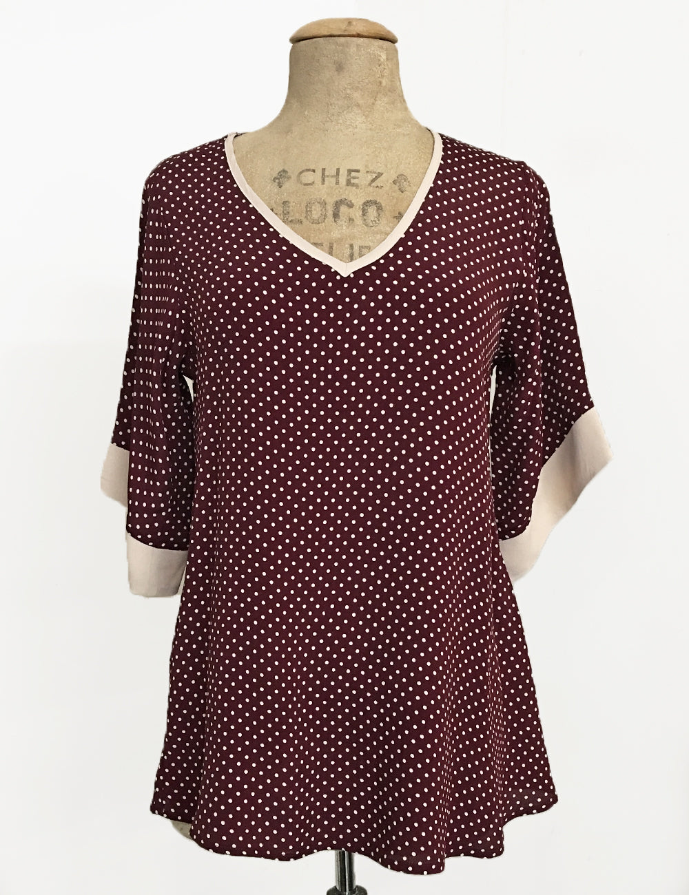 FINAL SALE - Burgundy Polka Dot 1930s Inspired V-Neck Kimono Top