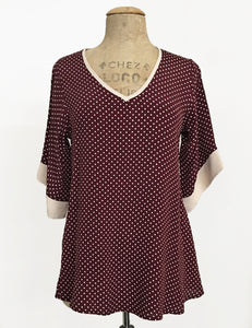 FINAL SALE - Burgundy Polka Dot 1930s Inspired V-Neck Kimono Top