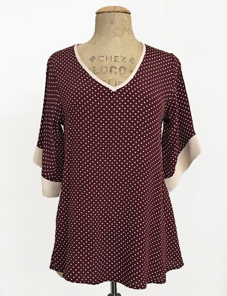 FINAL SALE - Burgundy Polka Dot 1930s Inspired V-Neck Kimono Top