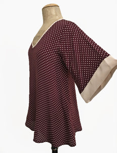FINAL SALE - Burgundy Polka Dot 1930s Inspired V-Neck Kimono Top