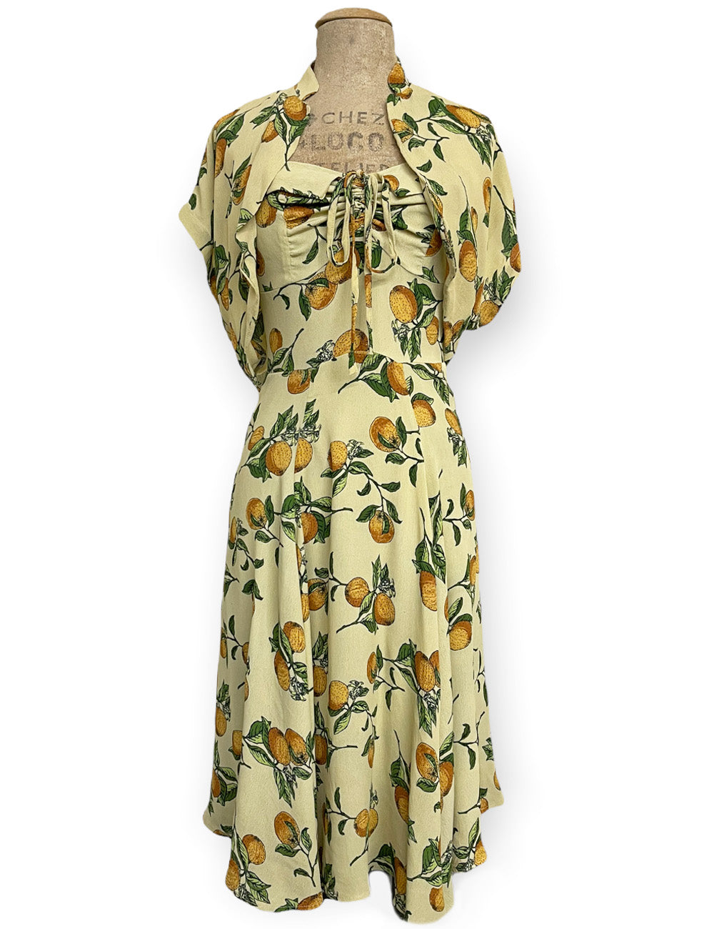 Orange Cream Print 1940s Marta Halter Swing Dress With Bolero