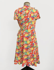 FINAL SALE - 1940s Colorful Tropical Floral Soft Rayon Ruffle Wrap Dress