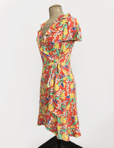 FINAL SALE - 1940s Colorful Tropical Floral Soft Rayon Ruffle Wrap Dress