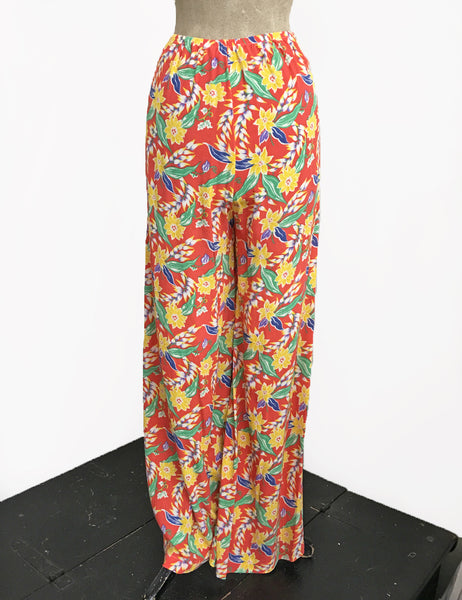1940s Bright Tropical Floral Soft Rayon High Waisted Palazzo Pants