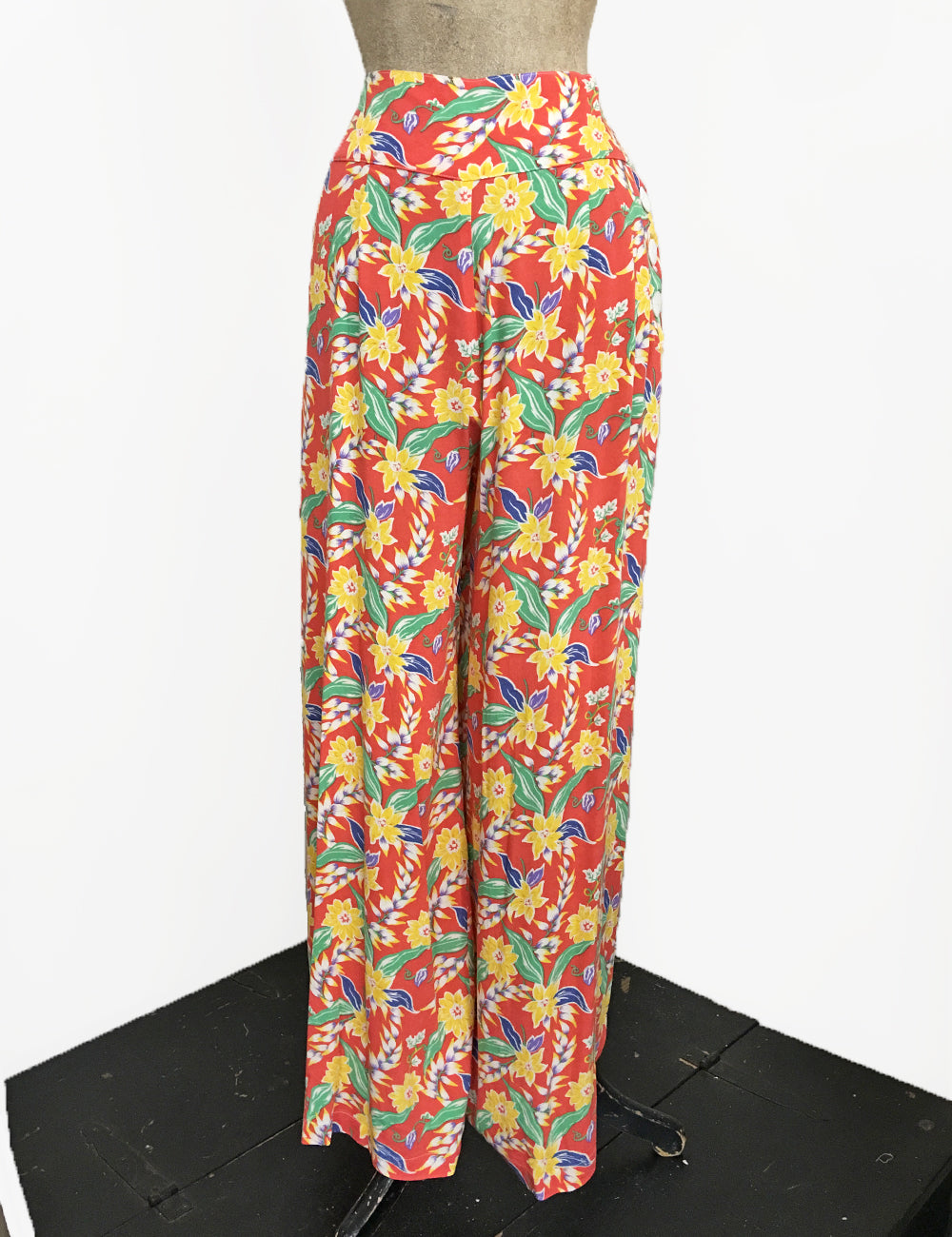 1940s Bright Tropical Floral Soft Rayon High Waisted Palazzo Pants