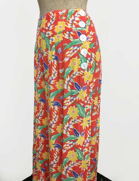 1940s Bright Tropical Floral Soft Rayon High Waisted Palazzo Pants