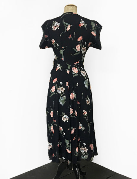 1940s Style Black Carnation Floral Tea Length Cascade Wrap Dress
