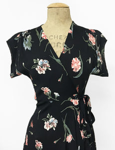 1940s Style Black Carnation Floral Tea Length Cascade Wrap Dress