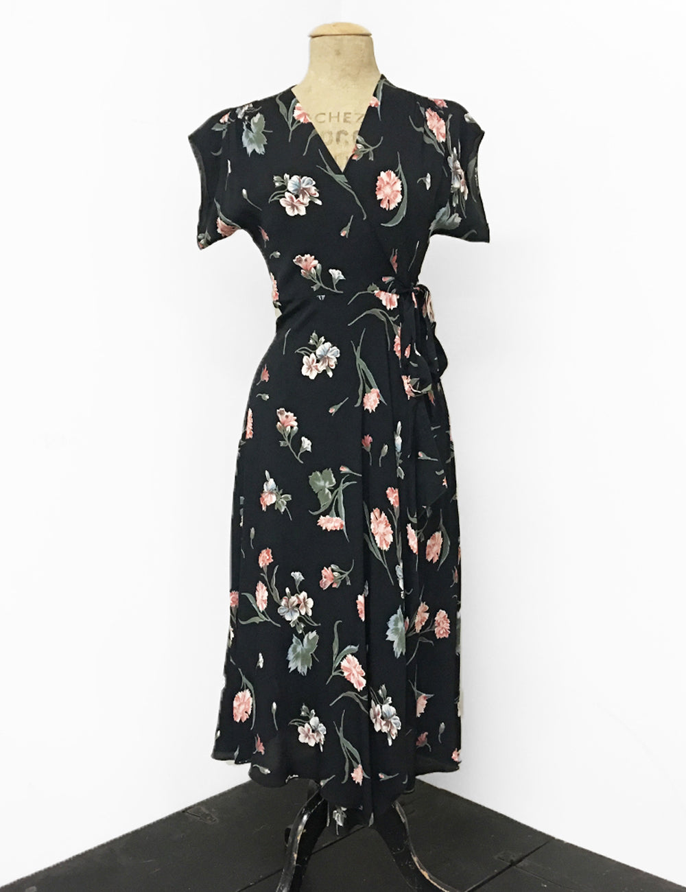 1940s Style Black Carnation Floral Tea Length Cascade Wrap Dress