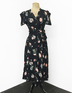 1940s Style Black Carnation Floral Tea Length Cascade Wrap Dress