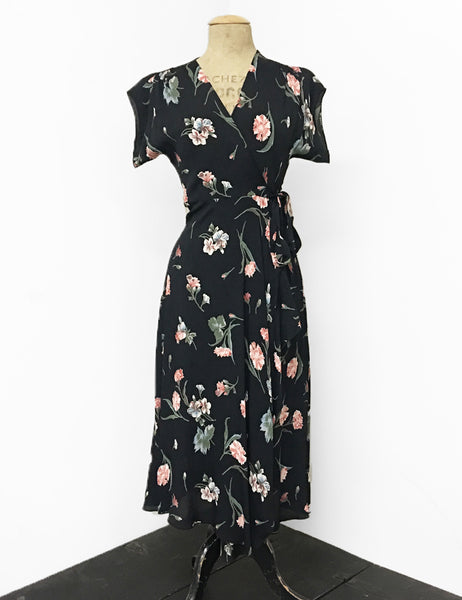 1940s Style Black Carnation Floral Tea Length Cascade Wrap Dress