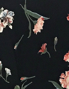 1940s Style Black Carnation Floral Tea Length Cascade Wrap Dress