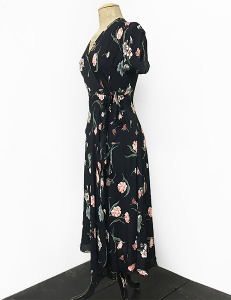 1940s Style Black Carnation Floral Tea Length Cascade Wrap Dress