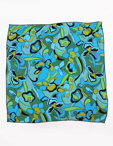 Blue 70s Funky Floral Square Hair & Neck Scarf