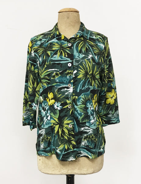 Green & Blue Aloha Floral Doris Button Up Shaped Shirt - FINAL SALE