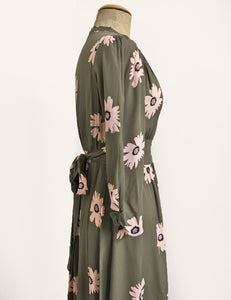 Army Green Floral 3/4 Sleeve Retro 40s Dress