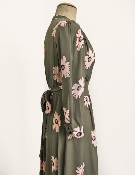 Army Green Floral 3/4 Sleeve Retro 40s Dress