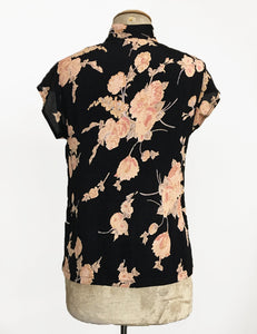 Black Antique Corsage Print Mandarin Collar Button Up Tea Timer Top