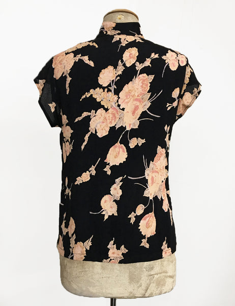Black Antique Corsage Print Mandarin Collar Button Up Tea Timer Top