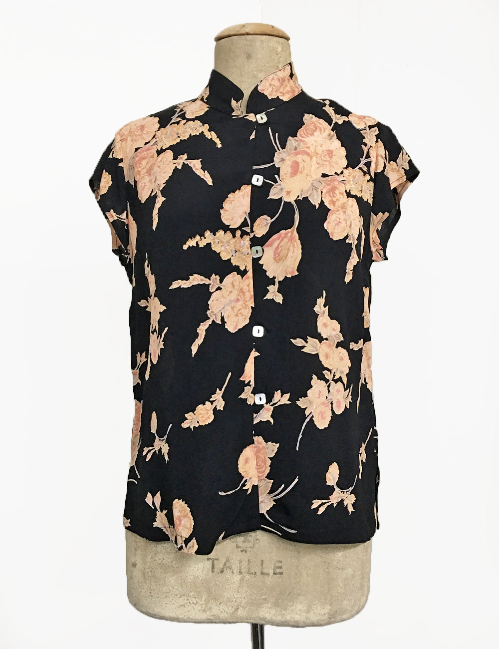 Black Antique Corsage Print Mandarin Collar Button Up Tea Timer Top