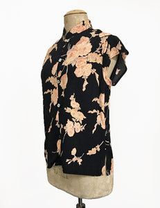 Black Antique Corsage Print Mandarin Collar Button Up Tea Timer Top