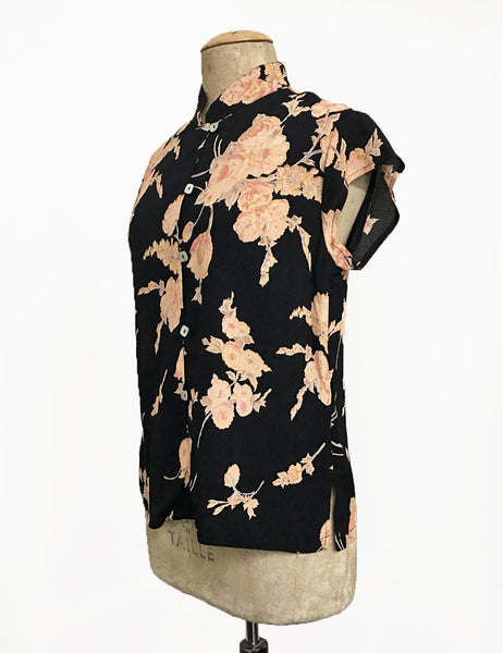 Black Antique Corsage Print Mandarin Collar Button Up Tea Timer Top