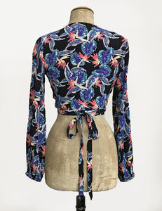 Black Birds of Paradise Print Balloon Sleeve Babaloo Crop Wrap Top