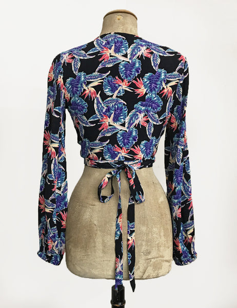Black Birds of Paradise Print Balloon Sleeve Babaloo Crop Wrap Top
