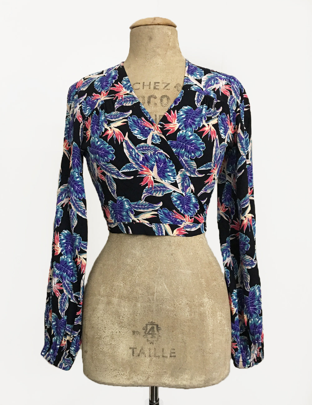 Black Birds of Paradise Print Balloon Sleeve Babaloo Crop Wrap Top