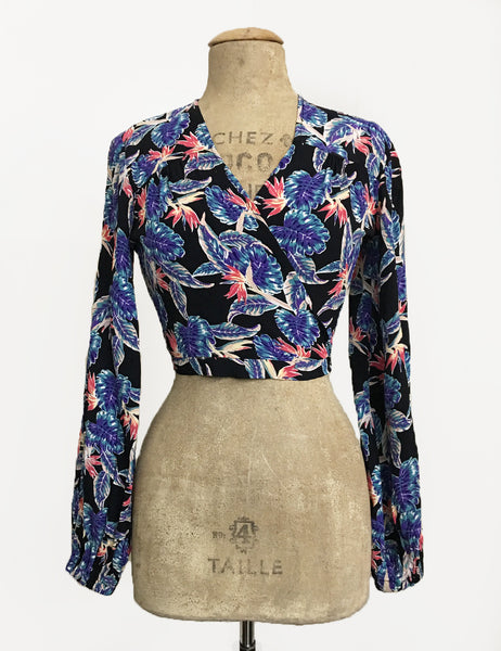 Black Birds of Paradise Print Balloon Sleeve Babaloo Crop Wrap Top