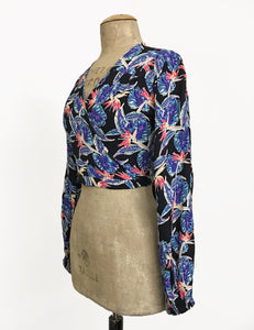 Black Birds of Paradise Print Balloon Sleeve Babaloo Crop Wrap Top