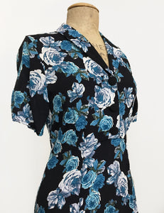 Black & Blue Tea Rose Short Sleeve Tea Length Vintage Day Dress