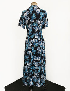 Black & Blue Tea Rose Short Sleeve Tea Length Vintage Day Dress
