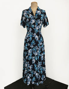 Black & Blue Tea Rose Short Sleeve Tea Length Vintage Day Dress