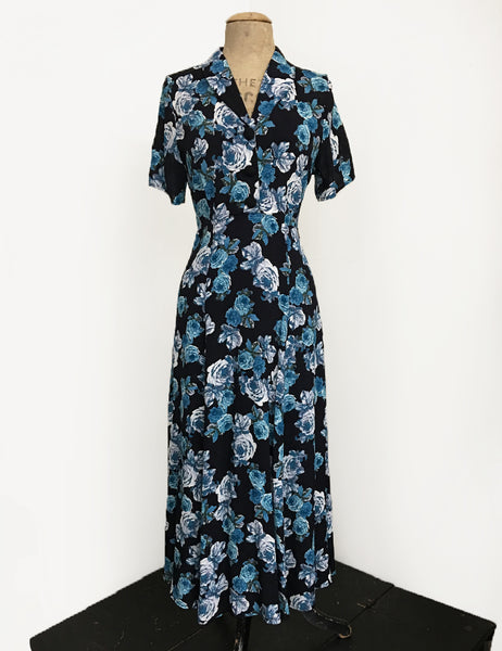 Black & Blue Tea Rose Short Sleeve Tea Length Vintage Day Dress
