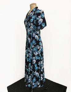 Black & Blue Tea Rose Short Sleeve Tea Length Vintage Day Dress