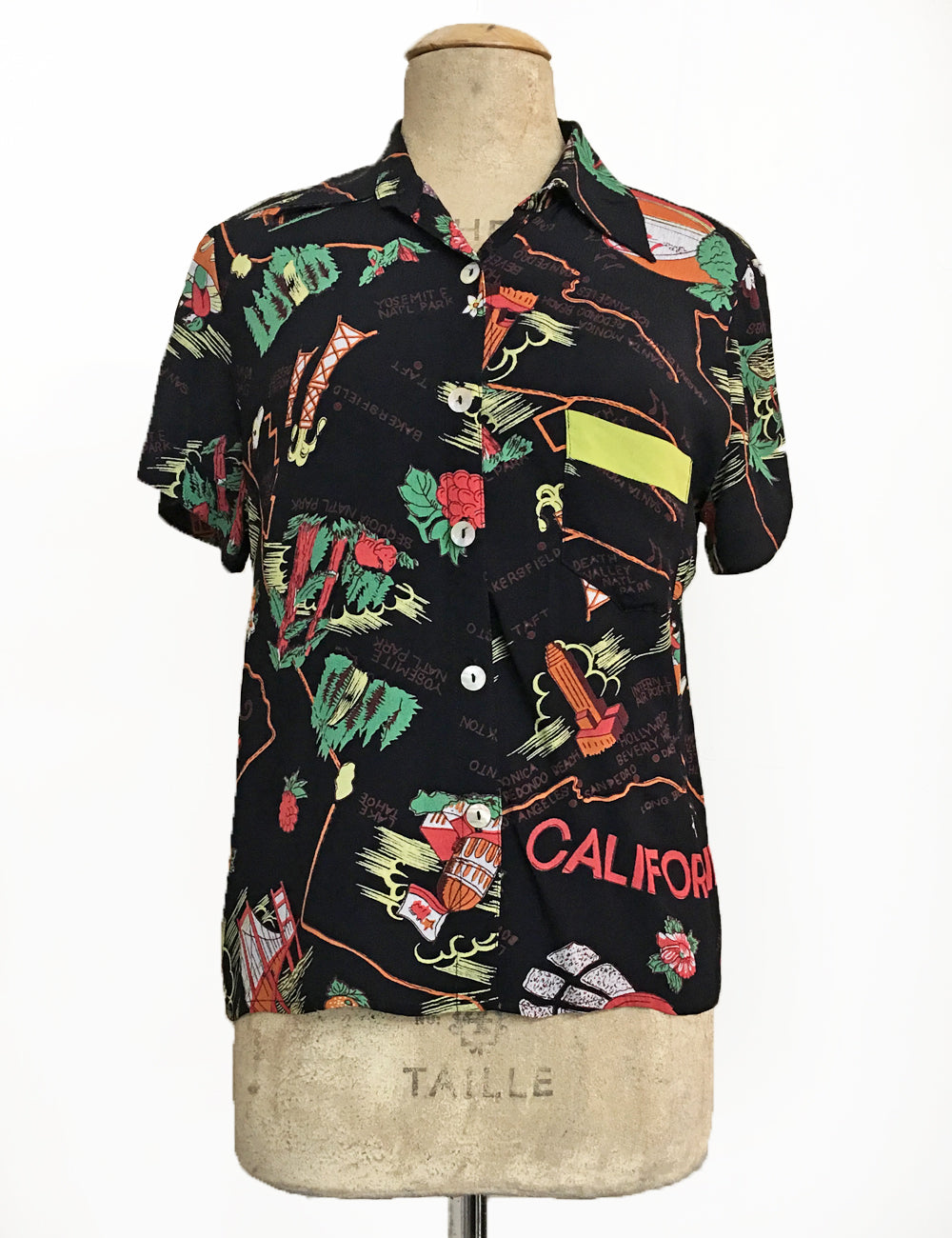 Black California Map Souvenir Print Button Up Boyfriend Camp Shirt