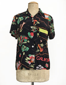 Black California Map Souvenir Print Button Up Boyfriend Camp Shirt